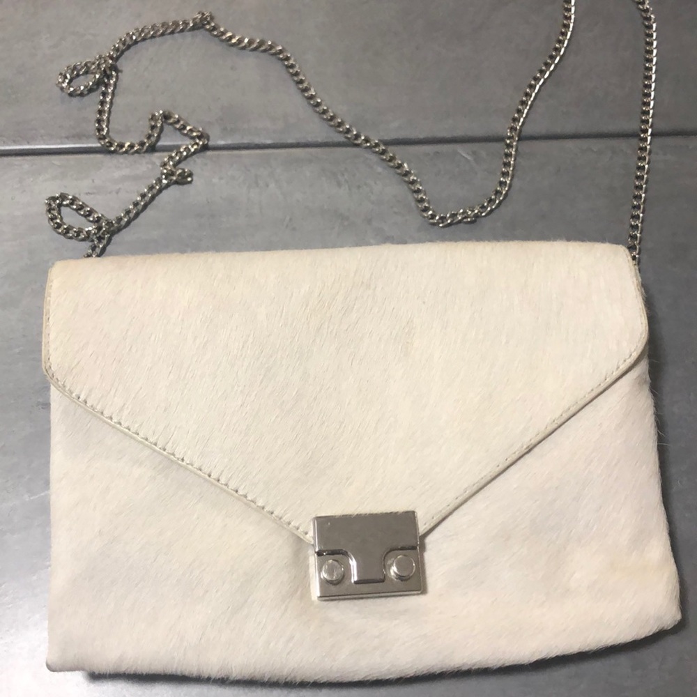 White calf hair crossbody with silver chain
